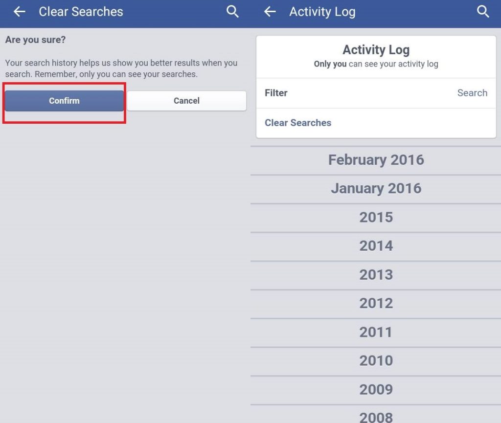 clear facebook search history on your Mobile phone