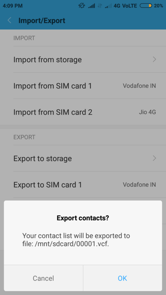Export to storage to Backup Android Contacts To SD Card