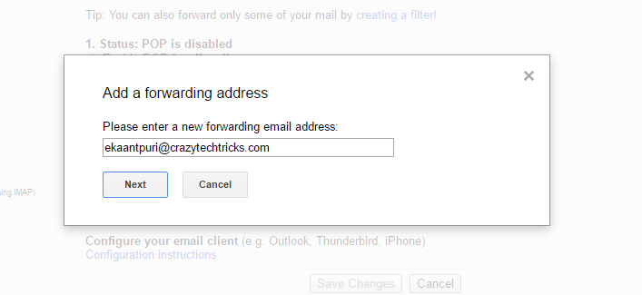 enter the Email Address on the email which you want to forward messages