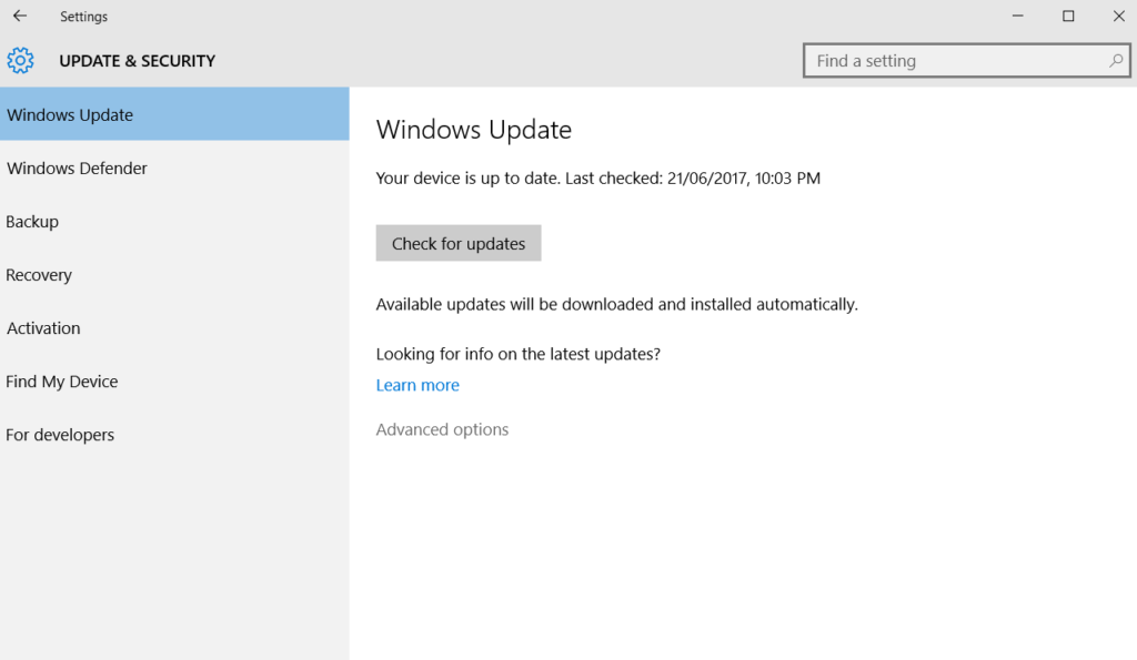 Select Advanced options in Windows Update.