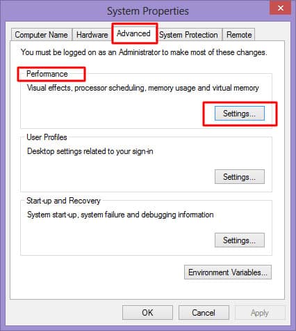 kliknij opcję Ustawienia, która znajduje się w opcji wydajność - jak zwiększyć pamięć RAM na laptopie-PC Windows 10, 8.1, 8, 7 XP za darmo – 2 metody