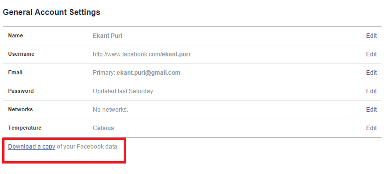 How to Open your facebook General Setting and click on Download a copy of your Facebook data