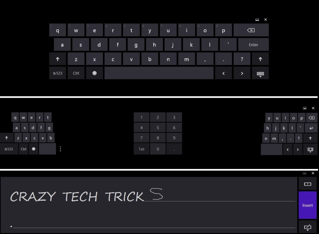 three kinds of on-screen keyboard