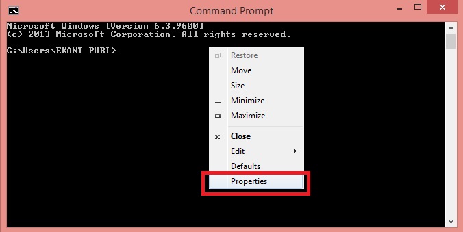 Right click on Command Prompt screen and click on properties