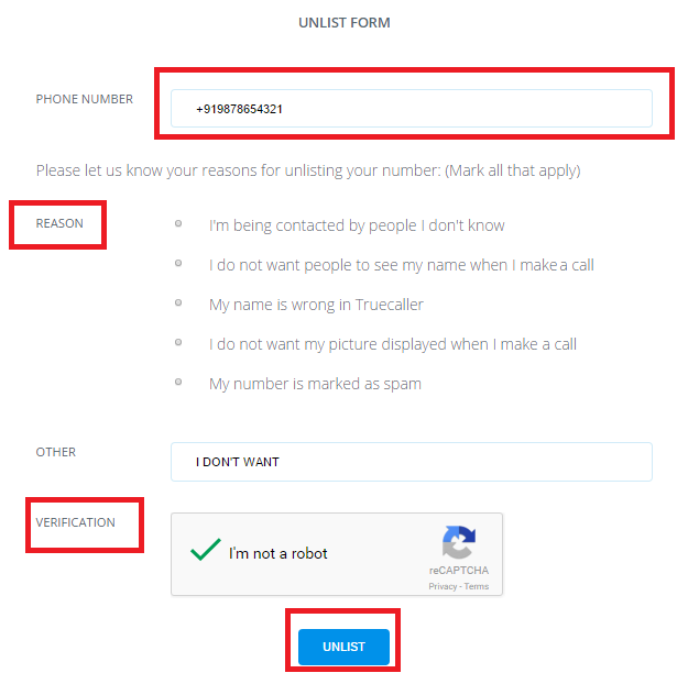 enter your mobile number to Remove your Number From Truecaller list