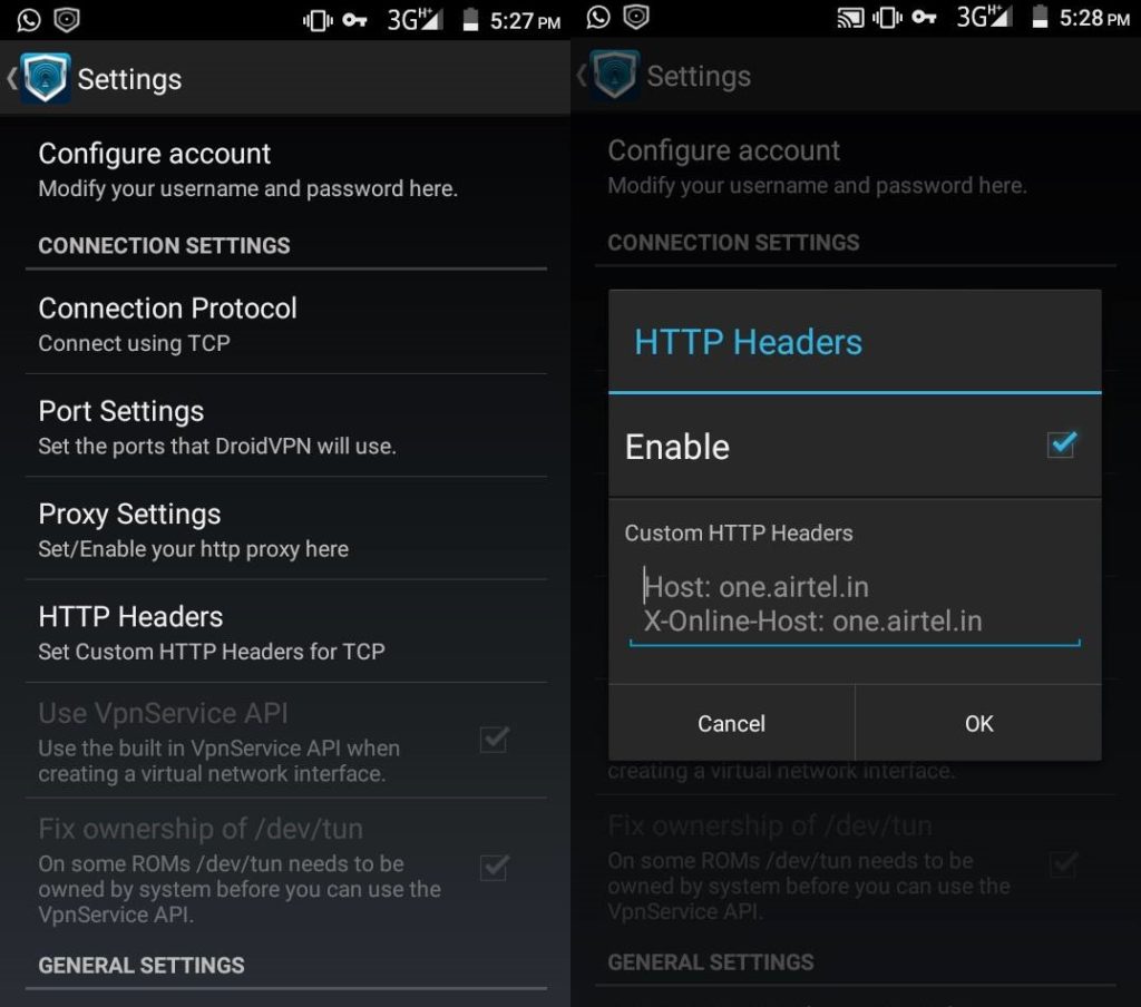 tap on HTTP headers and enable