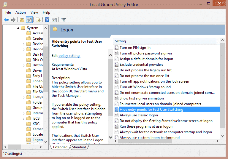 Hide entry points for Fast User Switching to Use Local Group Policy Editor to Disable Fast User Switching On Windows 7, 8, 8.1 and 10