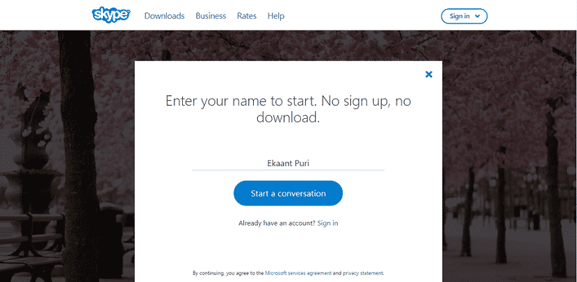 enter your full name and again click on “Start a conversation” button Use Skype Without Microsoft Account
