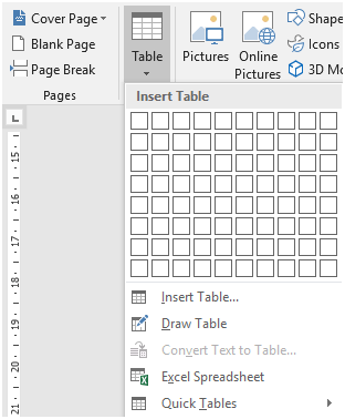 Click on Excel Spreadsheet. Word will create a new blank spreadsheet where your cursor is placed. - Go to the Insert tab on the ribbon and click on Table.