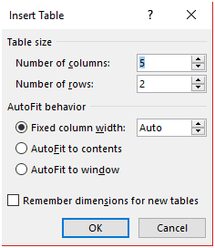 Enter number of columns and rows for your spreadsheet - How to Make a Spreadsheet in Microsoft Word using Insert Table Menu