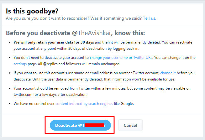 click Deactivate@yourusername.-How to Delete a Twitter Account Permanently