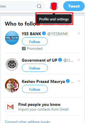 click on Profile and Settings which your profile picture located at the top right side of your account’s home page.-How to Delete a Twitter Account Permanently
