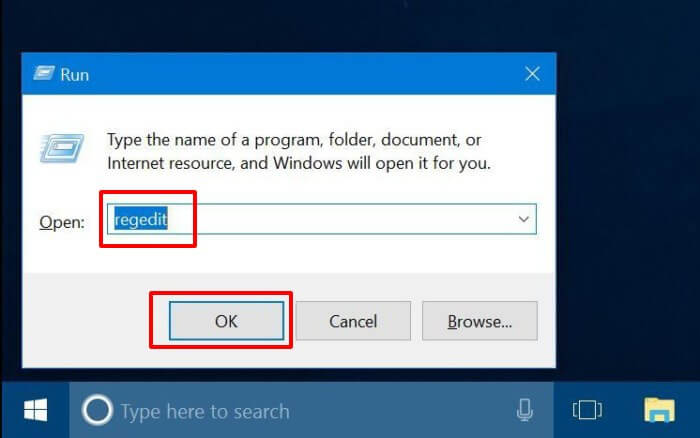 type regedit then hit the OK button- How to Disable Cortana in Windows 10 – Turn Off-Disable Cortana Completely