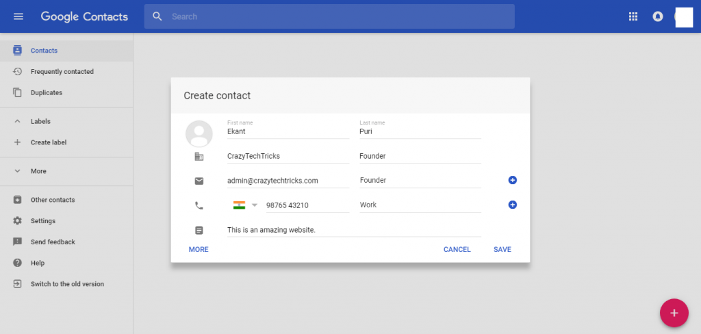 enter the details of your contacts and click on Save button - How to Save Contacts on Google Contacts – Save any Number-Email