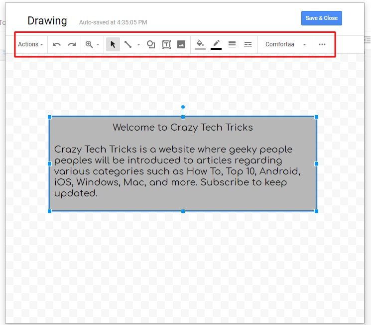 Once the box is drawn simply use text box options to create an attractive text box - How to Create and Add a Text Box in Google Docs - Add Shapes Too