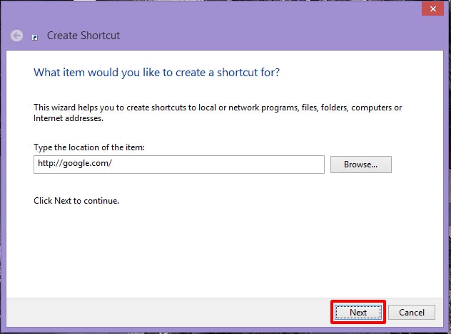 How to Create Website Shortcut on Desktop Internet Explorer - Using the Desktop Shortcut option - Enter the URL of a website-webpage at the input field and click Next