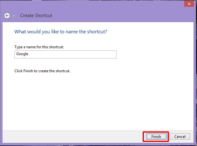 How to Create Website Shortcut on Desktop Internet Explorer - Using the Desktop Shortcut option - give your shortcut a name and click Finish