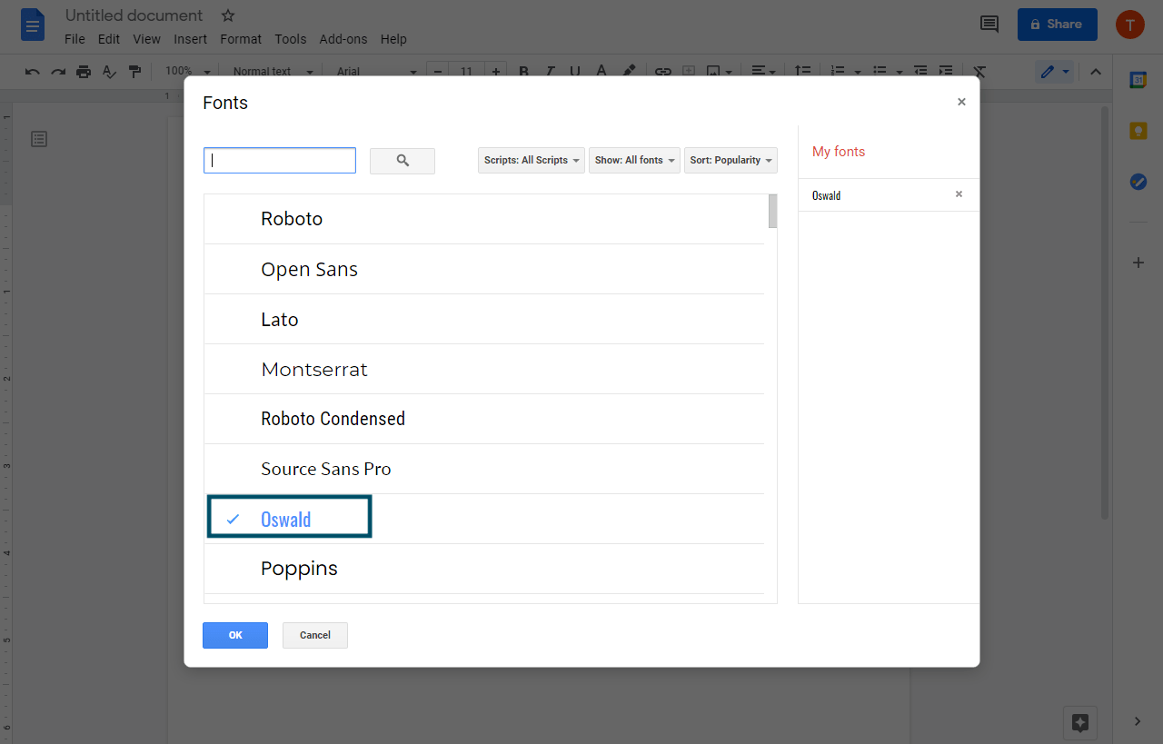 If it is present, then click on the font and the font will be added to the "My fonts" section of the window