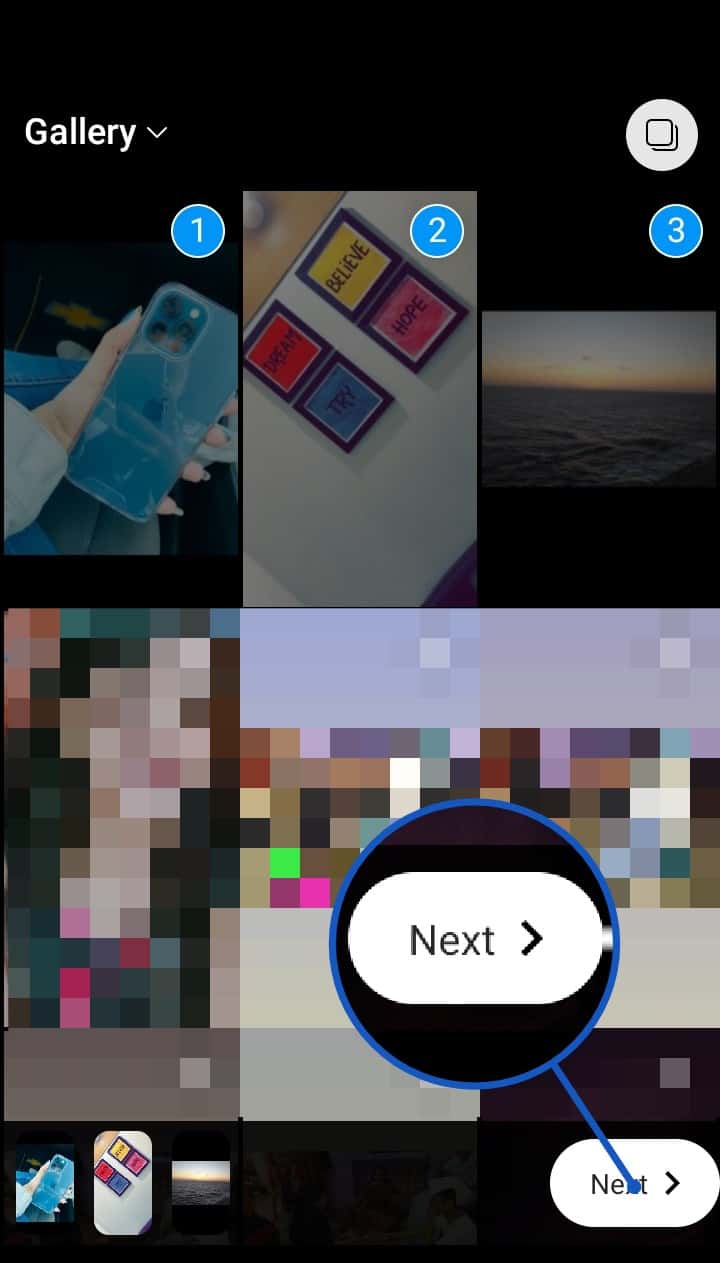Select Next to begin customizing your images with stickers, text, and music