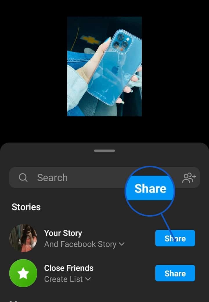 To share your images in chronological sequence, tap Your Story