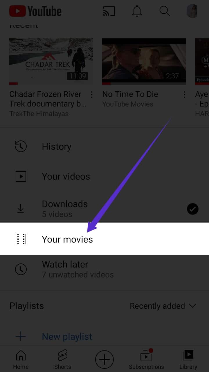Click on the Library icon > Your movies - How to Rent Movies from YouTube on Android