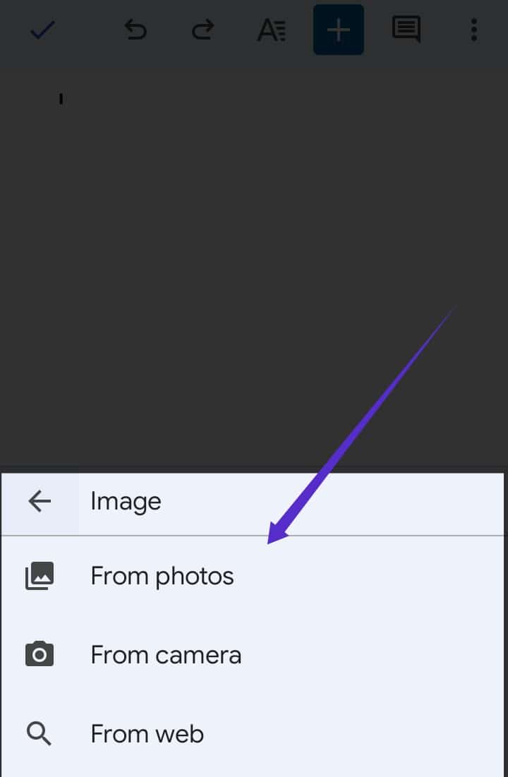 choose an image from any of these three options. i.e From Photos, from WEB, and camera - Move Photos in Google Docs on Android or iPhone